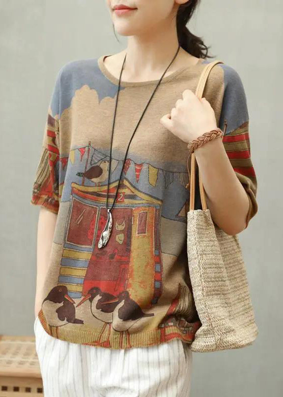 Camel O Neck Print Cotton Knit T Shirt Top Summer