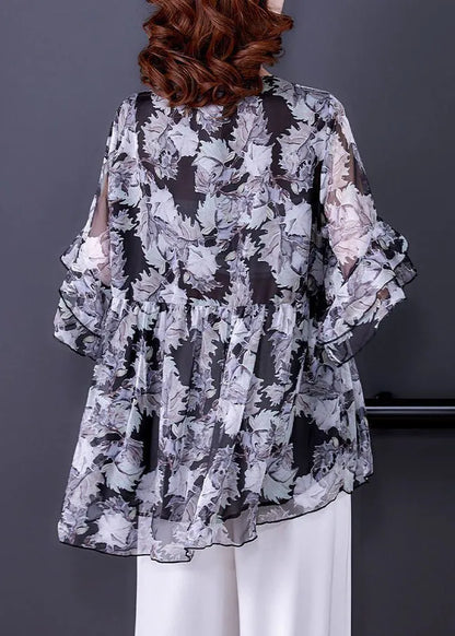 Black V Neck Ruffled Print Chiffon Shirt Half Sleeve