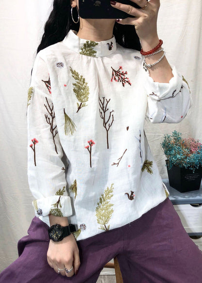 White Stand Collar Embroidered Linen Blouses Long Sleeve