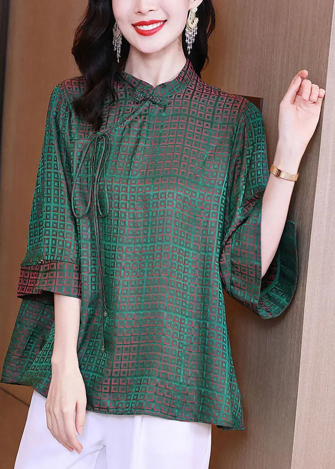 Green Stand Collar Oriental Button Plaid Jacquard Silk Shirt Tops Bracelet Sleeve