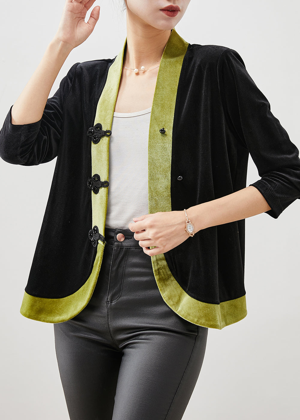 Green Patchwork Oriental Silk Velour Blouses Spring