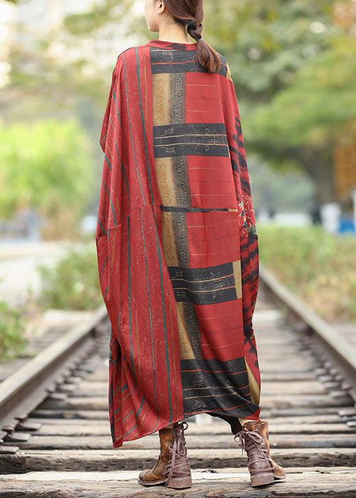 Loose Red V Neck Patchwork Linen Silk Long Dresses Spring