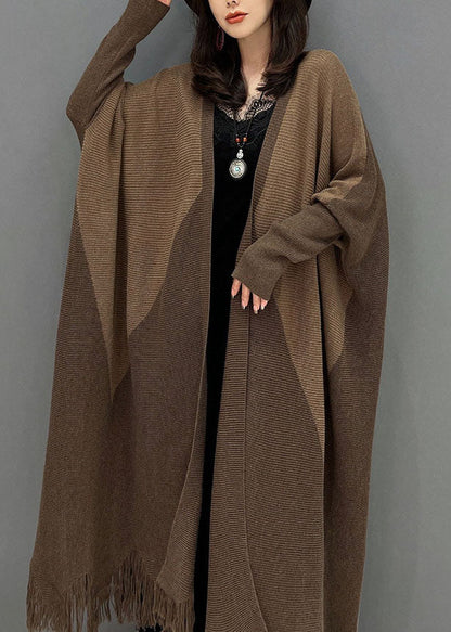 Chocolate Oversized Patchwork Tassel Knit Cardigan Batwing Sleeve