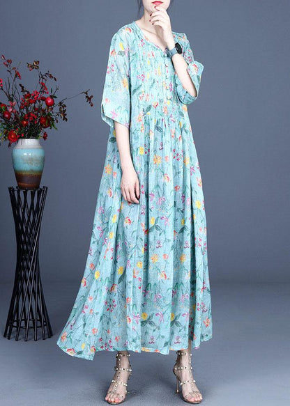 Italian Green Print Cinched Summer Ramie Summer Dresses