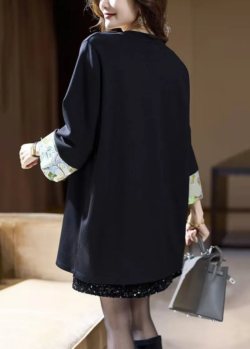 Loose Navy O Neck Patchwork Cotton T Shirts Fall