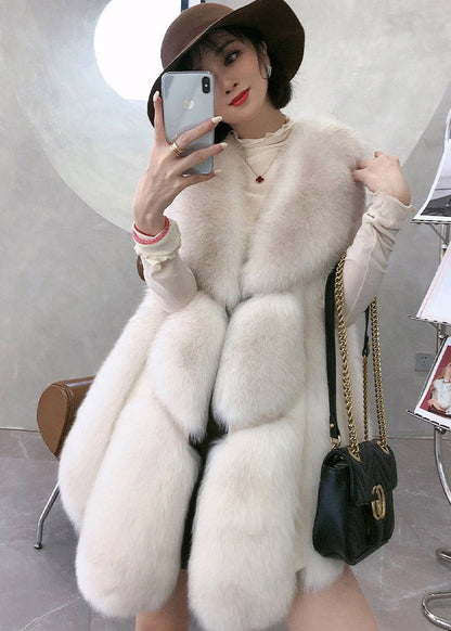 Simple White V Neck Thick Leather and Fur Waistcoat Winter