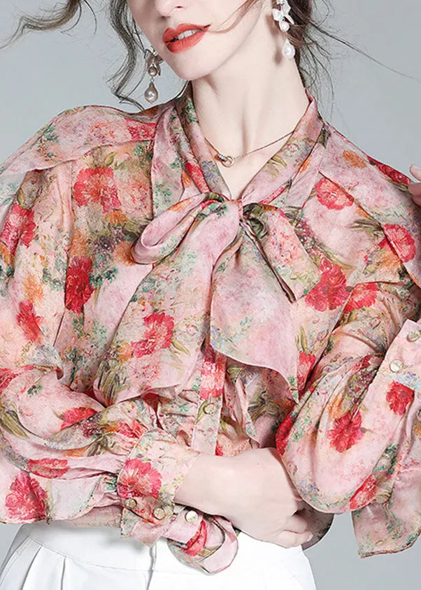 Pink O-neck Ruffled Print Bow Silk Shirt Spring