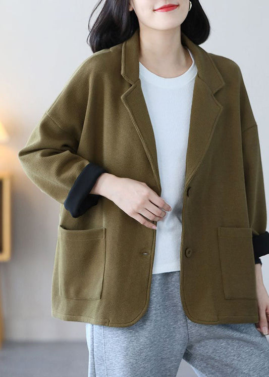 Light Green Notched Collar Pockets Cotton Coats Spring