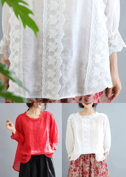 White O-neck Oversized Linen Blouse Tops Bracelet Sleeve