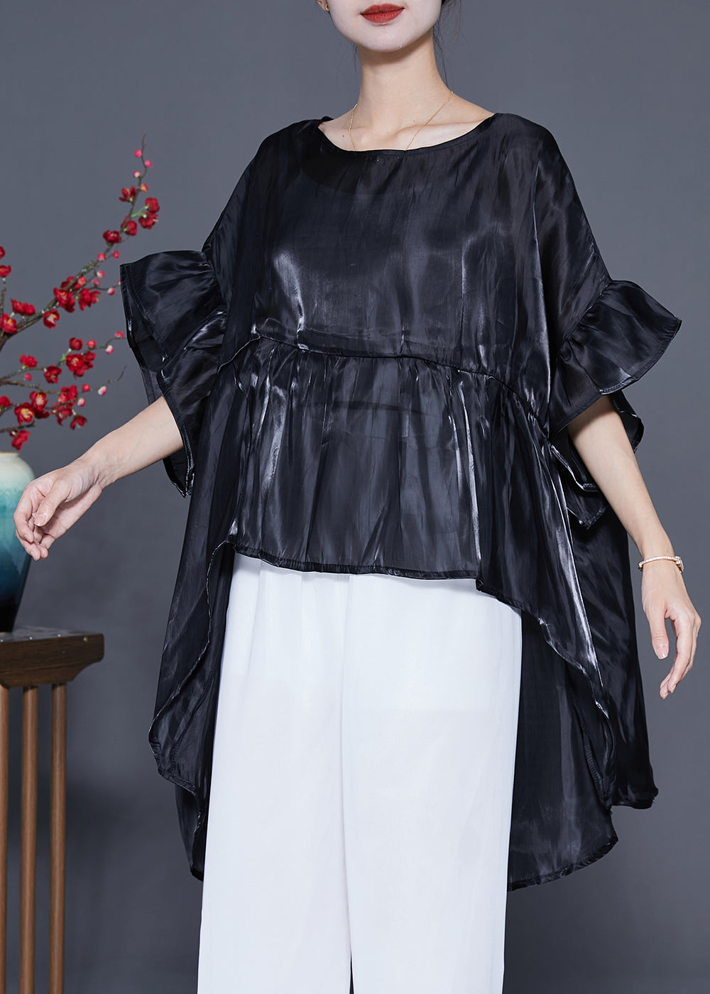 Black Oversized Patchwork Silk Shirt Top Summer