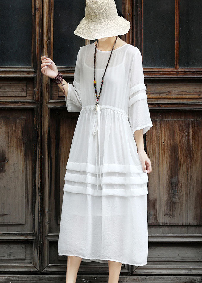 White Tie Waist Patchwork Cotton Dress Two Pieces Set Summer