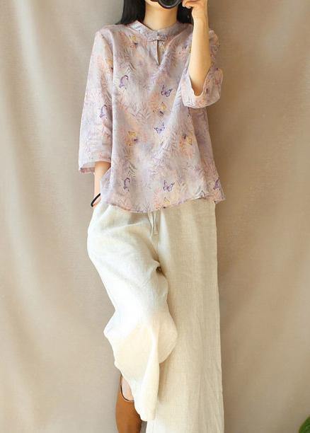 Light Purple Butterfly Printing Top Silhouette Stand Collar Midi Top