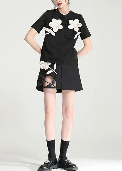 Original Design Black O-neck Patchwork Applique Cotton Tank Tops Short Sleeve