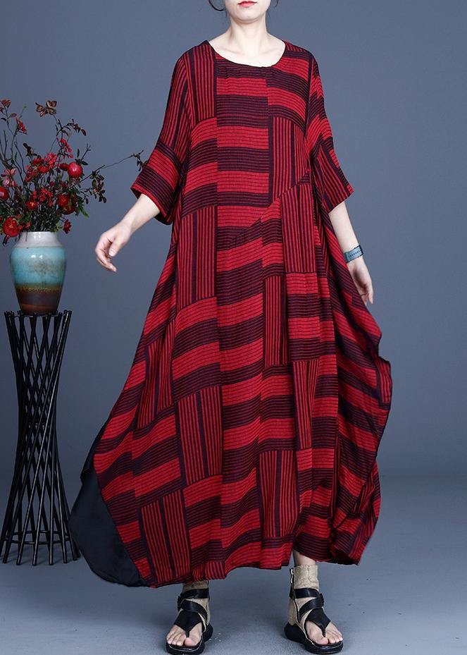 Comfy Red Striped Asymmetrical Design Maxi Summer Cotton Linen Dress