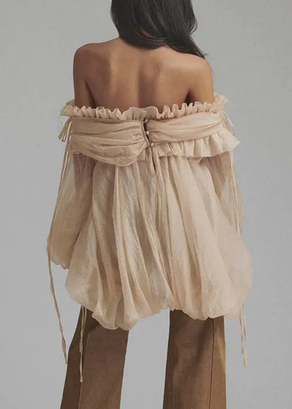Loose Champagne Color Ruffled Button Lace Up Tulle Shirt Flare Sleeve