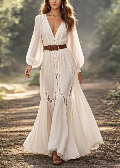 White Cinched Hollow Out Party Dress Spring