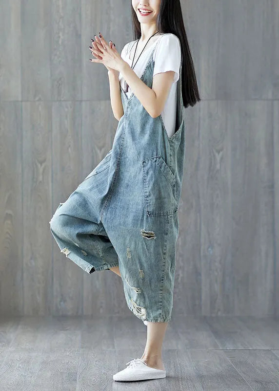 Modern Light Blue Pockets Ripped Jeans Loose Jumpsuit Spring