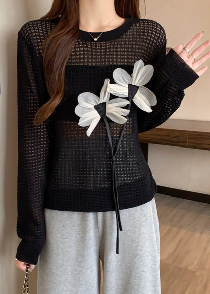 French Black O Neck Hollow Out Knit Top Spring