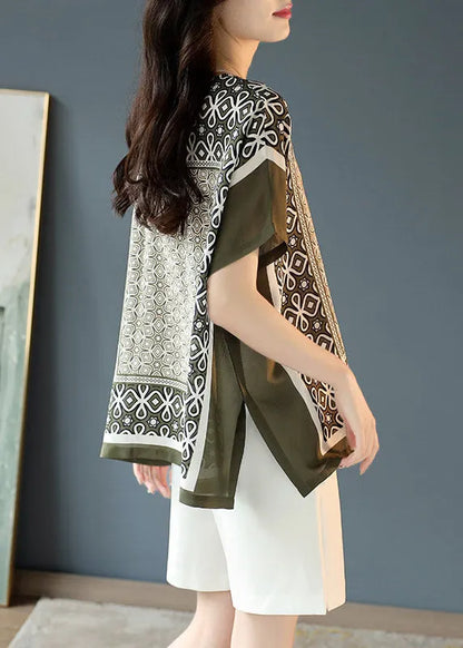 O-neck Print Side Open Silk Top Batwing Sleeve