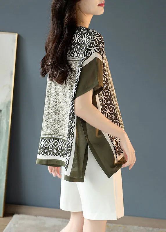 O-neck Print Side Open Silk Top Batwing Sleeve