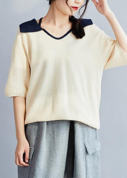 White Cotton Crane Tops Polo Collar Oversized Patchwork Tops