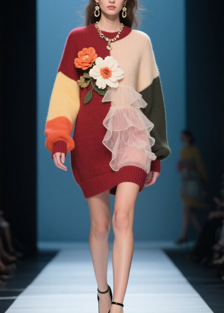 Modern O-neck Ruffled Knit Long Knit Dress Winter