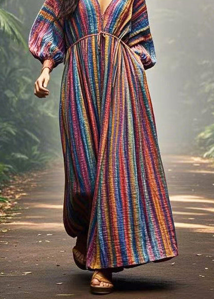 Diy Colorblock V Neck Striped Cotton Vacation Dress Spring