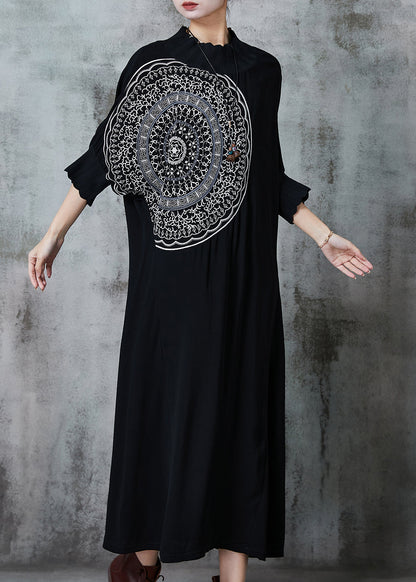 Unique Black Oversized Cotton Maxi Dresses Batwing Sleeve Fall