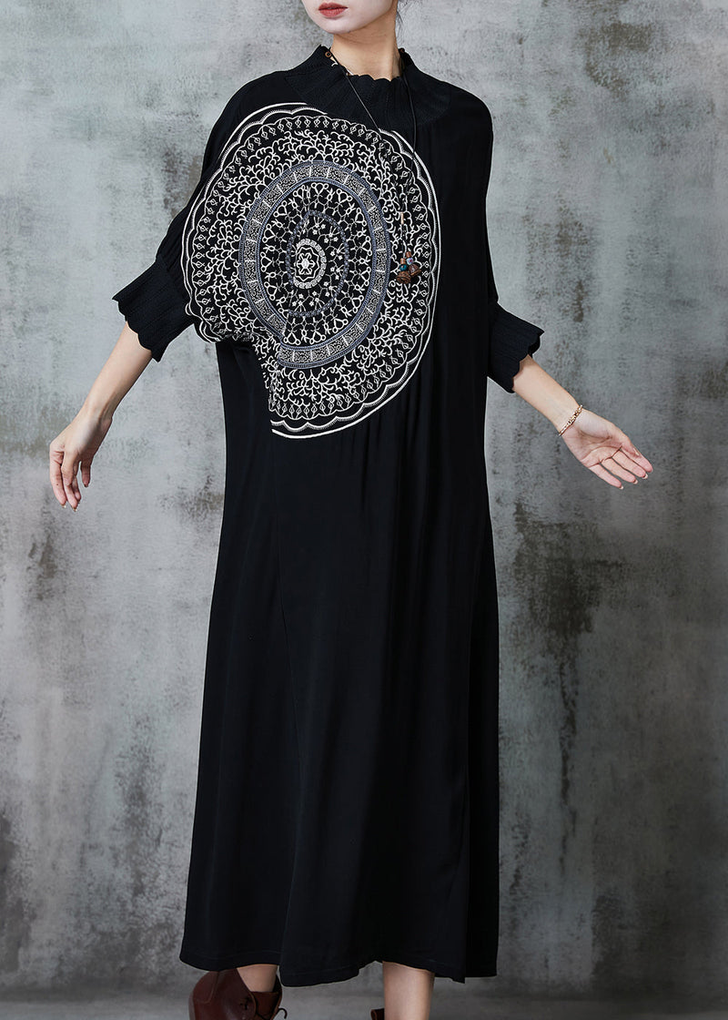 Unique Black Oversized Cotton Maxi Dresses Batwing Sleeve Fall