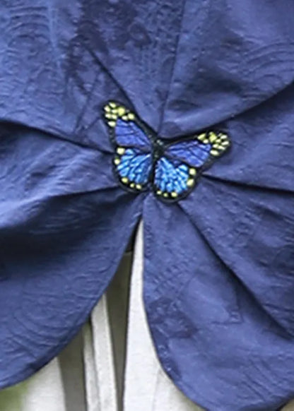 Blue O-neck Jacquard Butterfly Embroideried Cotton Blouses Top Spring