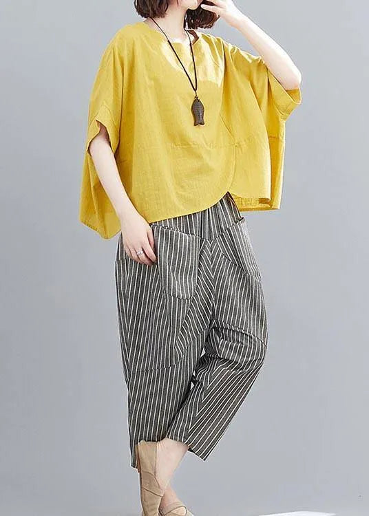 Handmade Yellow O-neck Two-piece Set Summer Cotton Linen