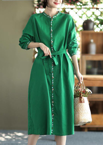 Apricot Embroideried Button Tie Waist Cotton Dress Fall