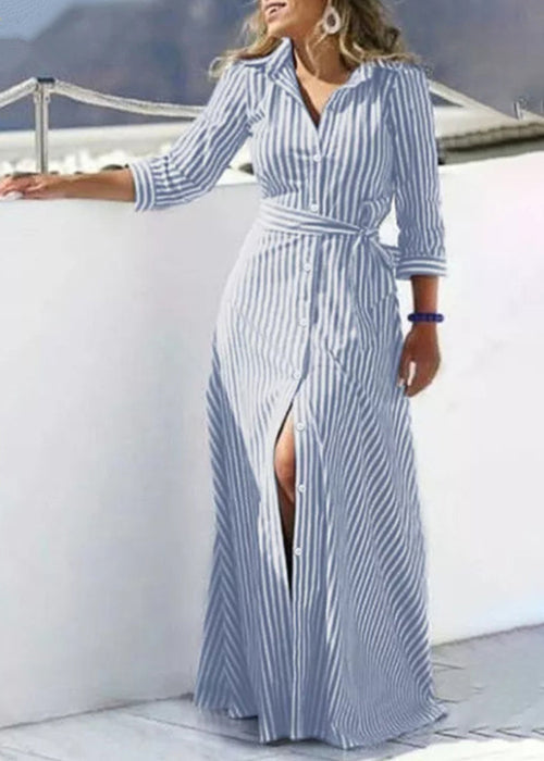 Loose Black Striped Button Tie Waist Cotton Blouses Dresses Bracelet Sleeve Spring