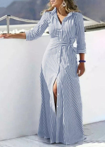 Loose Black Striped Button Tie Waist Cotton Blouses Dresses Bracelet Sleeve Spring