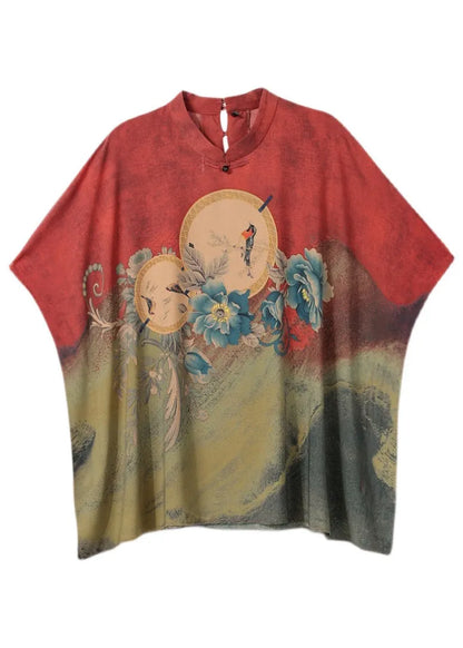Red O-neck Print Side Open Silk Top Half Sleeve