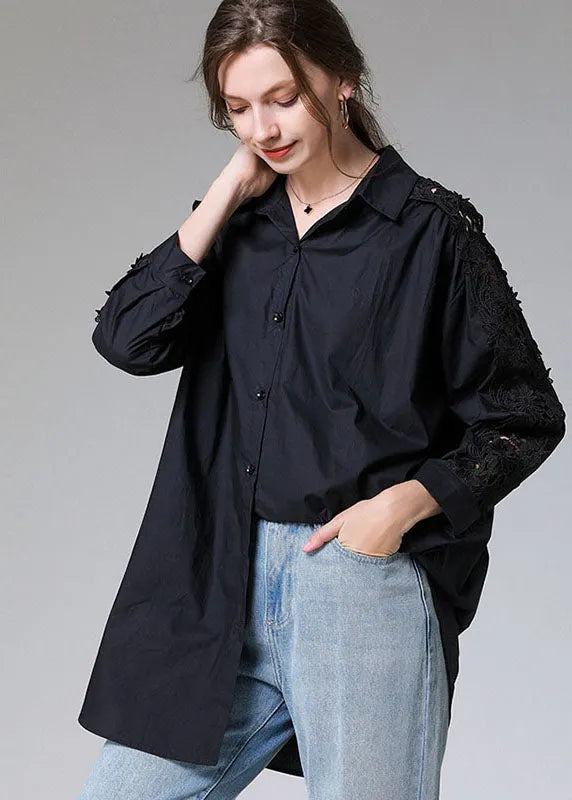 Black Embroideried Button Patchwork Top Fall