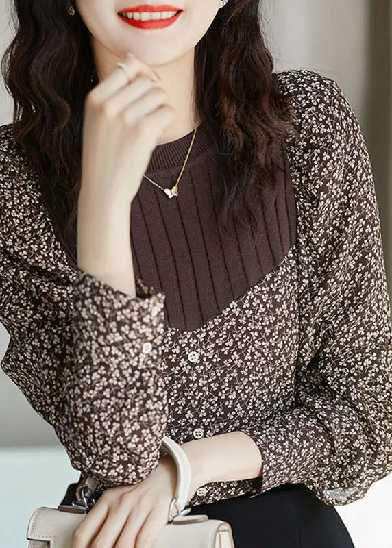 Brown O-neck Print Patchwork Button Knit Shirt Long Sleeve