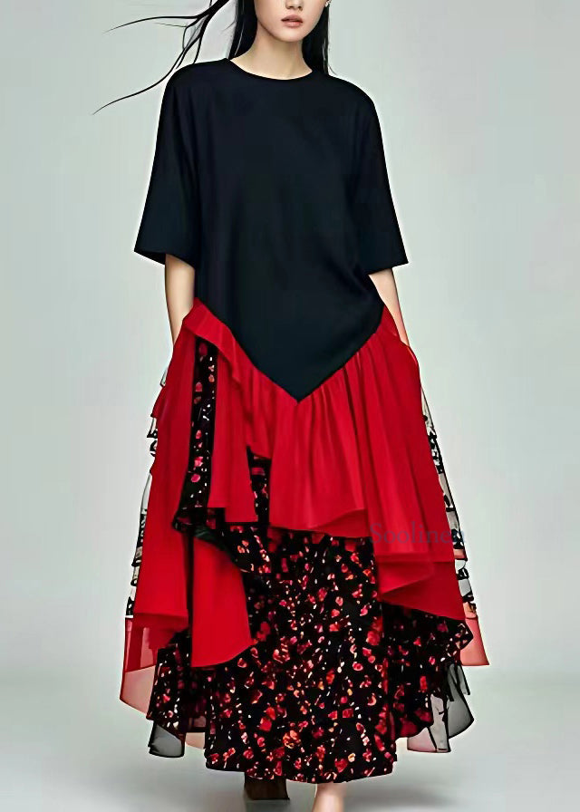 Fine Black O-neck Patchwork Chiffon Maxi Dresses Summer