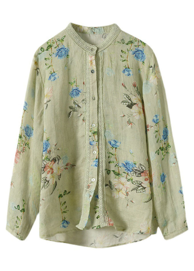White Lace Patchwork Print Ramie Blouses Long Sleeve