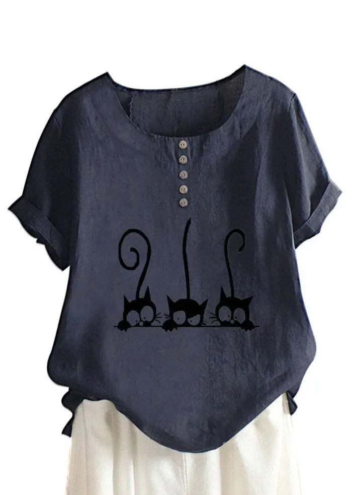 Cartoon Cat Print Crew Neck Short Sleeve Blouse