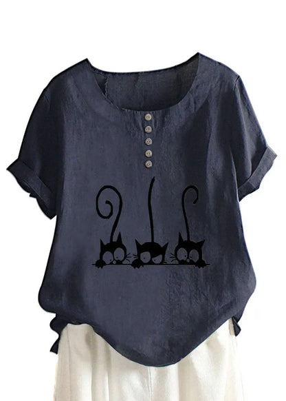 Cartoon Cat Print Crew Neck Short Sleeve Blouse