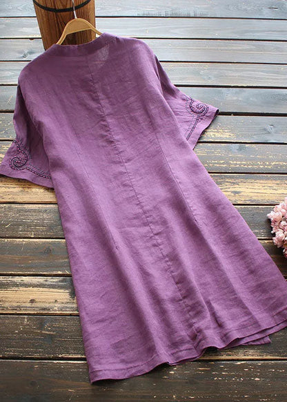 Fine Purple Embroideried Chinese Button Patchwork Line Dresses Summer