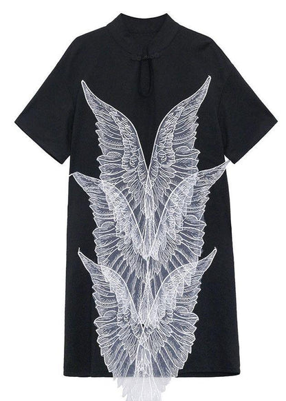 French Black Oriental Appliques Shift Dresses Summer