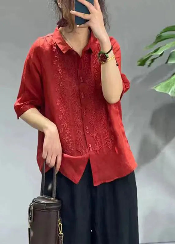 Green Peter Pan Collar Embroideried Button Shirt Half Sleeve