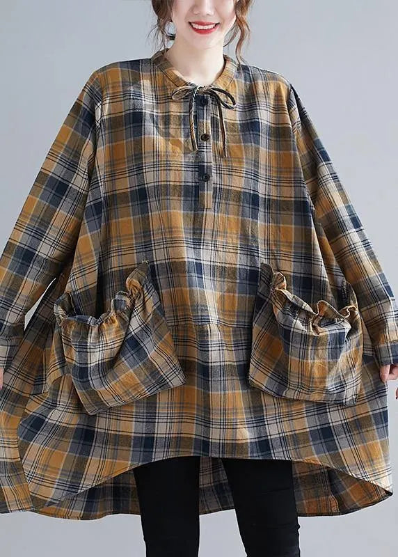 Plaid Shirts O-neck Asymmetric Clothing Spring Top