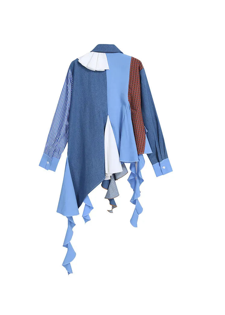 Unique Blue Asymmetrical Design Peter Pan Collar Patchwork Shirts Spring
