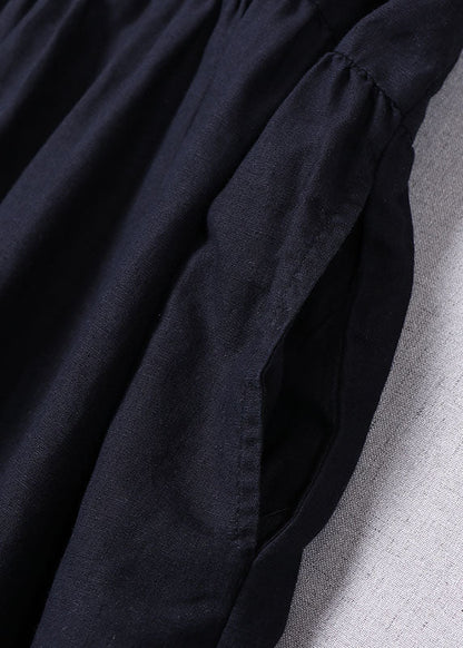 Navy Button Wrinkled Dresses Spring