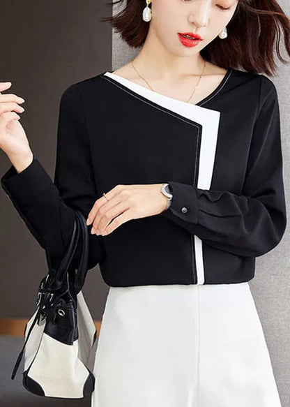 Black V Neck Patchwork Chiffon Shirt Top Long Sleeve