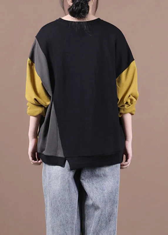 Black Patchwork Yellow Loose Fall Sweatshirt Street Wear