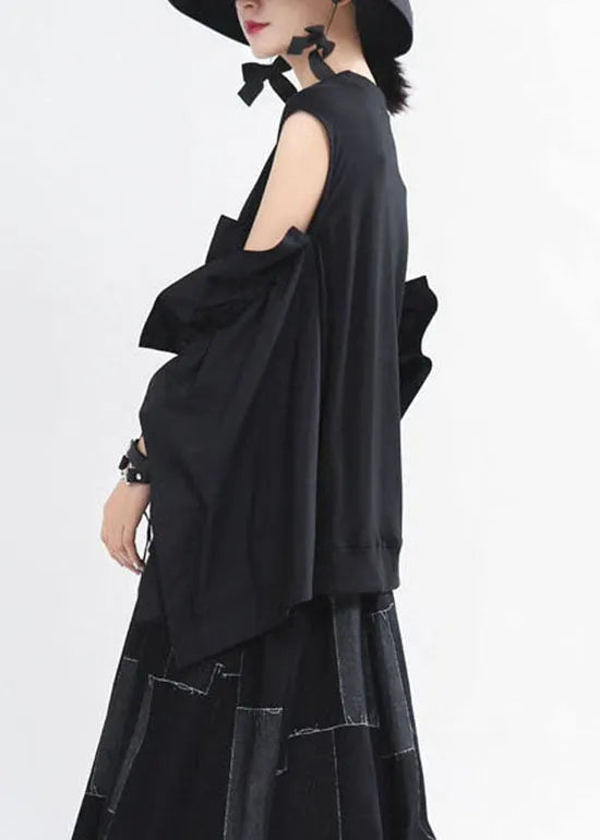 Art Black O-neck Drawstring Flare Sleeve Shirts Spring